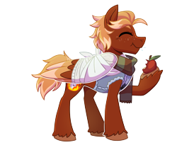 Size: 2200x1800 | Tagged: safe, artist:hibiscuit--rose, imported from derpibooru, oc, oc only, oc:golden flare, pegasus, pony, apple, bandage, broken bone, broken wing, cast, clothes, colored hooves, colored wings, commission, eating, eyes closed, food, freckles, happy, hooves, injured, male, nonbinary, pegasus oc, ponified, scarf, short tail, simple background, sling, solo, species swap, stallion, sweater, tail, transparent background, unshorn fetlocks, vest, wings