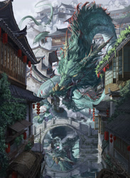 Size: 3840x5232 | Tagged: safe, artist:makkah, imported from derpibooru, mistmane, dragon, eastern dragon, unicorn, bridge, curved horn, detailed background, duo, female, horn, lantern, magic, mare, paper lantern, scenery, scenery porn, technically advanced, telekinesis, umbrella, water