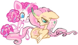 Size: 680x400 | Tagged: safe, artist:sweetpinkheart0, imported from derpibooru, fluttershy, pinkie pie, alicorn, earth pony, pegasus, pony, alicornified, duo, duo female, female, fluttercorn, race swap, simple background, white background