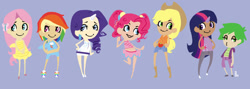 Size: 900x320 | Tagged: safe, artist:dess-arts, imported from derpibooru, applejack, fluttershy, pinkie pie, rainbow dash, rarity, spike, twilight sparkle, human, female, horn, horned humanization, human spike, humanized, light skin, male, mane seven, mane six, purple background, simple background, tan skin