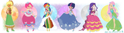 Size: 1729x462 | Tagged: safe, artist:dess-arts, imported from derpibooru, applejack, fluttershy, pinkie pie, rainbow dash, rarity, twilight sparkle, human, blushing, clothes, dress, dress lift, eyes closed, female, gala dress, gown, hand on hip, humanized, light skin, mane six, simple background, tan skin, transparent background