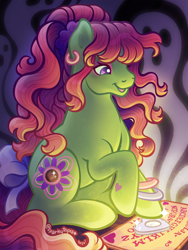 Size: 1350x1800 | Tagged: safe, artist:sparkytopia, imported from derpibooru, october dreams, earth pony, ghost, pony, undead, 3d cutie mark, bangs, bow, bracelet, ear piercing, earring, eyeshadow, female, g3, glowing, green coat, jewel birthday ponies, jewelry, looking down, makeup, mare, open mouth, open smile, ouija board, piercing, pink mane, ponytail, raised leg, scrunchie, signature, sitting, smiling, solo, tail, tail bow