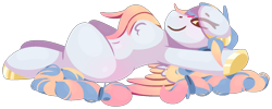 Size: 1502x602 | Tagged: safe, artist:rhythmpixel, imported from derpibooru, oc, oc only, oc:seashore swirl, pegasus, belly, belly button, blushing, braid, chest fluff, concave belly, looking at you, lying down, on back, relaxed wings, simple background, solo, transparent background