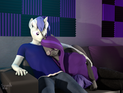 Size: 2880x2160 | Tagged: safe, artist:scratch_wub, imported from derpibooru, oc, oc only, oc:etheria galaxia, oc:scratch wub, alicorn, anthro, unicorn, 3d, couch, cuddling, duo, duo male and female, female, horn, male, scratchtheria, shipping, sitting, sleeping, smiling, source filmmaker, watermark