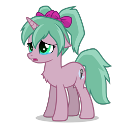 Size: 2800x2800 | Tagged: safe, artist:oblivionfall, imported from derpibooru, oc, oc only, oc:magicalmysticva, pony, unicorn, bow, chest fluff, crying, female, floppy ears, green eyes, hair bow, horn, pigtails, pink body, pink bow, png, sad, simple background, solo, solo female, teal mane, teary eyes, transparent background, twintails, vector