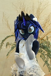 Size: 600x900 | Tagged: safe, artist:kolshica, imported from derpibooru, princess luna, 2017, clothes, dress, fursuit, hoof on cheek, indoors, irl, jewelry, photo, ponysuit, regalia, socks, solo