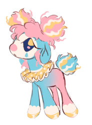 Size: 1134x1544 | Tagged: safe, artist:webkinzworldz, imported from derpibooru, oc, oc only, oc:surprise party, earth pony, pony, 2022, afro puffs, alternate universe, big eyes, blank flank, blue tail, clown makeup, coat markings, colored hooves, curly mane, curly tail, earth pony oc, eyelashes, floppy ears, hooves, leg markings, looking back, next generation, no pupils, old art, open mouth, pierrot, pigtails, pink mane, profile, ruff (clothing), shiny hooves, simple background, socks (coat markings), solo, tail, three toned mane, three toned tail, two toned coat, white background, yellow hooves