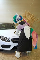 Size: 600x900 | Tagged: safe, artist:toki, imported from derpibooru, princess celestia, 2017, butt wings, car, clothes, dress, fursuit, indoors, irl, jewelry, photo, ponysuit, rear view, regalia, solo, wings