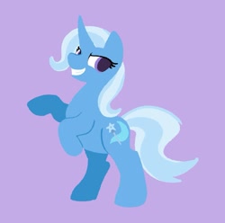 Size: 1247x1237 | Tagged: safe, artist:toothpaste_spl, imported from derpibooru, trixie, pony, unicorn, female, grin, horn, lineless, mare, purple background, rearing, simple background, smiling, solo, teeth