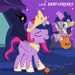 Size: 1418x1418 | Tagged: safe, artist:wheatley r.h., derpibooru exclusive, imported from derpibooru, spike, twilight sparkle, alicorn, dragon, pony, alicorn costume, candy, cempasúchil, clothes, costume, crown, duo, duo male and female, eyes closed, fake cutie mark, fake horn, fake wings, female, flower, folded wings, food, jewelry, male, mare, mlp fim's fourteenth anniversary, night, night sky, nightmare night, nightmare night costume, nightmare night symbol, regalia, sky, twilight sparkle (alicorn), twilight sparkle costume, vector, watermark, winged spike, wings