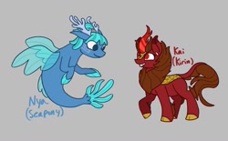 Size: 1575x977 | Tagged: safe, artist:toothpaste_spl, imported from derpibooru, oc, oc only, oc:kai, oc:nya, kirin, sea pony, seapony (g4), coral, dorsal fin, duo, fin, fin wings, fins, fish tail, flowing mane, flowing tail, gray background, grin, looking at each other, looking at someone, raised hoof, simple background, smiling, smiling at each other, tail, wings