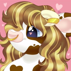 Size: 4000x4000 | Tagged: safe, artist:fizzlefer, imported from derpibooru, oc, oc only, oc:biscuit, cow, cow pony, earth pony, pony, blue eyes, body markings, bovine, brown hair, brown markings, cow oc, crossbreed, ear markings, horns, icon, jewelry, long hair, long mane, matching icon, simple background, solo, white coat