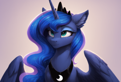 Size: 2432x1664 | Tagged: safe, imported from derpibooru, princess luna, alicorn, pony, ai content, ai generated, anonymous prompter, cute, ear fluff, ethereal mane, feathered wings, freckles, smiling, solo, spread wings, starry mane, wings