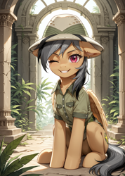 Size: 1592x2240 | Tagged: safe, imported from derpibooru, daring do, pegasus, pony, ai content, ai generated, bush, clothes, column, day, female, forest, hat, jungle, looking at you, mare, nature, one eye closed, prompter:bluetoothworld, ruins, sitting, smiling, smiling at you, solo, tree, wings, wink