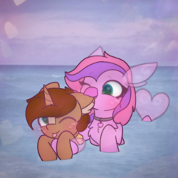 Size: 2664x2664 | Tagged: safe, artist:sodapop sprays, imported from derpibooru, oc, oc only, oc:copper core, oc:lilac, hippogriff, pony, unicorn, beach, biting, ear bite, hawaii, hippogriff oc, horn, one eye closed, swimming, wink