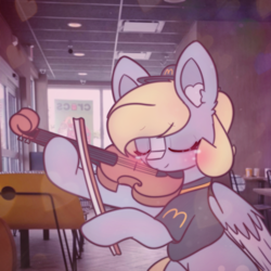 Size: 2664x2664 | Tagged: safe, artist:sodapop sprays, imported from derpibooru, part of a set, derpy hooves, pegasus, pony, series:derpy can't catch a break, mcdonald's, musical instrument, part of a series, violin