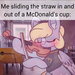 Size: 2664x2664 | Tagged: safe, artist:sodapop sprays, imported from derpibooru, part of a set, derpy hooves, pegasus, pony, series:derpy can't catch a break, mcdonald's, meme, musical instrument, part of a series, violin