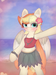 Size: 2664x3551 | Tagged: safe, artist:sodapop sprays, imported from derpibooru, oc, oc only, oc:sodapop sprays, pegasus, pony, semi-anthro, armpits, beach, clothes, grass skirt, hawaii, hula, looking at you, ocean, skirt, solo, water