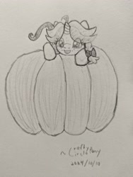 Size: 3072x4080 | Tagged: safe, artist:craftycirclepony, imported from derpibooru, oc, oc only, oc:crafty circles, unicorn, bow, climbing, cute, female, filly, foal, freckles, hair bow, happy, horn, open mouth, pencil drawing, pumpkin, solo, traditional art