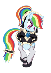 Size: 1101x1576 | Tagged: safe, artist:calmbreezes, imported from derpibooru, rainbow dash, pegasus, pony, bipedal, blush scribble, blushing, clothes, embarrassed, maid, maid headdress, rainbow maid, socks, solo, thigh highs