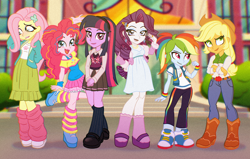 Size: 2544x1619 | Tagged: safe, alternate version, artist:byefella, imported from derpibooru, applejack, fluttershy, pinkie pie, rainbow dash, rarity, sci-twi, twilight sparkle, human, equestria girls, arm behind back, arm behind head, boots, canterlot high, clothes, converse, cowboy boots, crossed arms, denim, dress, female, height difference, high res, humane five, humane six, jacket, jeans, jewelry, kneesocks, leg warmers, lips, lipstick, looking at you, open mouth, open smile, pants, pink lipstick, ponytail, ring, sandals, shoes, skirt, smiling, smiling at you, smoldash, sneakers, socks, standing, standing on one leg, striped leg warmers, sweater, sweater vest, sweatpants, tallershy