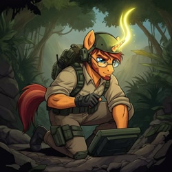 Size: 1024x1024 | Tagged: safe, imported from derpibooru, sunburst, anthro, plantigrade anthro, unicorn, series:g.i. pony: a real equestrian hero, ai content, ai generated, clothes, computer, cosplay, costume, forest, g.i. joe, generator:google imagen 3.0, glowing, glowing horn, helmet, horn, jungle, laptop computer, mainframe, male, military uniform, mountain, nature, prompter:zerowinger, solo, special mission brazil, tree, uniform