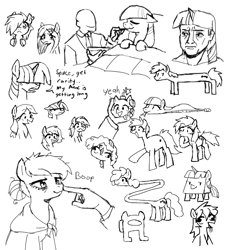 Size: 570x624 | Tagged: safe, artist:kabayo, imported from derpibooru, applejack, twilight sparkle, oc, oc:anon, earth pony, human, pony, unicorn, amogus, among us, black and white, bomb, boop, disembodied hand, drool, female, grayscale, hair over eyes, hand, horn, human male, long pony, male, mare, meme, monochrome, older, older applejack, shawl, sick, simple background, tsuchinoko, unicorn twilight, weapon, white background