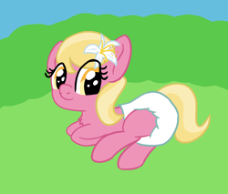 Size: 1286x1098 | Tagged: safe, artist:cleverround, imported from derpibooru, lily, lily valley, earth pony, chest fluff, cute, diaper, diaper fetish, female, fetish, filly, flower, flower in hair, foal, grass, heart, heart eyes, looking at you, lying down, outdoors, smiling, solo, wingding eyes