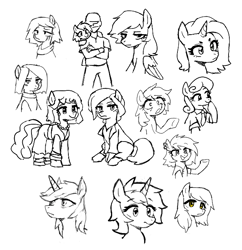 Size: 630x650 | Tagged: safe, artist:kabayo, imported from derpibooru, oc, oc:anon, earth pony, human, pegasus, pony, unicorn, black and white, doodle, female, grayscale, horn, human male, male, mare, monochrome, simple background, stallion, white background