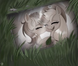 Size: 2048x1751 | Tagged: safe, artist:galaxy swirl, imported from derpibooru, applejack, rainbow dash, earth pony, pegasus, pony, appledash, applejack's hat, blushing, cheek kiss, cowboy hat, duo, duo female, eyes closed, female, folded wings, freckles, grass, hat, kissing, lesbian, mare, open mouth, open smile, photo, shipping, signature, smiling, wings