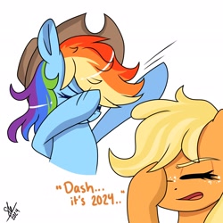 Size: 2048x2048 | Tagged: safe, artist:galaxy swirl, imported from derpibooru, applejack, rainbow dash, earth pony, pegasus, pony, accessory swap, appledash, applejack's hat, cowboy hat, dab, duo, duo female, eyes closed, facepalm, female, freckles, hat, high res, lesbian, mare, open mouth, shipping, signature, simple background, white background