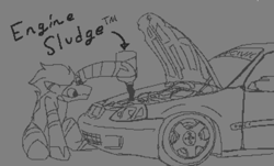 Size: 1103x668 | Tagged: safe, artist:cole_does_arts, artist:kangatooth, imported from derpibooru, oc, oc:cole, earth pony, pony, car, detailed, engine, honda, honda civic, monochrome, sedan, sitting, sketch, solo, text, trademark, wheel, zipp civic