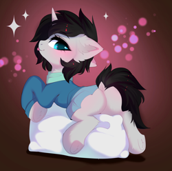 Size: 3800x3772 | Tagged: safe, alternate version, artist:empress-twilight, imported from derpibooru, oc, oc only, oc:cyan delta, pony, unicorn, :p, blushing, butt, clothes, commission, dock, ear fluff, eyebrows, female, fluffy, from behind, gradient background, hoodie, horn, looking back, lying down, mare, pillow, plot, raised tail, rule 63, scarf, skirt, smiling, solo, sparkles, tail, tongue out, underhoof, unicorn oc, ych result