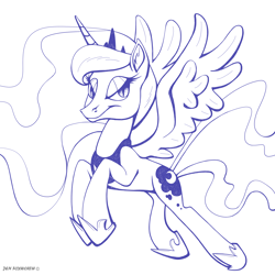 Size: 2500x2500 | Tagged: safe, artist:jenfoxworth, imported from derpibooru, princess luna, alicorn, pony, ethereal mane, ethereal tail, eyelashes, eyeshadow, feathered wings, horn, jewelry, lidded eyes, lineart, looking at you, makeup, peytral, slit pupils, solo, spread wings, tail, tiara, unicorn horn, wings