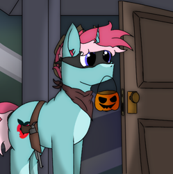 Size: 1052x1058 | Tagged: safe, artist:thomas.senko, imported from derpibooru, screencap, oc, oc only, oc:pink strawberry (the coco clan), pony, unicorn, blue skin, clothes, commission, costume, cowboy, cowboy hat, cutie mark, food, halloween, halloween costume, happy, hat, holiday, horn, male, pink mane, pumpkin, pumpkin bucket, purple eyes, solo, strawberry, trick or treat, ych result