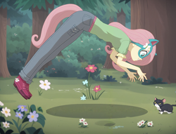 Size: 3264x2496 | Tagged: safe, imported from derpibooru, fluttershy, cat, human, equestria girls, ai content, ai generated, forest, generator:stable diffusion, jumping, nature, prompter:kimberlite, quadrober, tail, tree