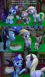 Size: 1920x3240 | Tagged: safe, artist:red4567, imported from derpibooru, derpy hooves, dinky hooves, minuette, pegasus, pony, unicorn, 3d, animal costume, bat pony costume, bowl, candy, cat costume, clothes, comic, costume, dentist, food, horn, nightmare night, nightmare night costume, source filmmaker