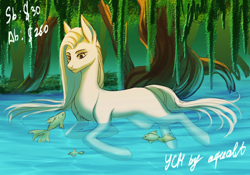 Size: 5000x3500 | Tagged: safe, artist:aqualit, imported from derpibooru, alicorn, earth pony, fish, pegasus, pony, unicorn, commission, horn, pond, solo, water, your character here