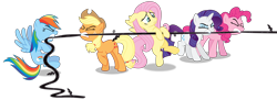 Size: 8254x3000 | Tagged: safe, artist:masem, imported from derpibooru, applejack, fluttershy, pinkie pie, rainbow dash, rarity, earth pony, pegasus, unicorn, black vine, horn, pulling