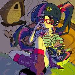 Size: 2048x2048 | Tagged: safe, artist:uu, imported from derpibooru, twilight sparkle, human, bed, book, bow, breasts, cel shading, clock, clothes, collared shirt, cuckoo clock, glasses, golden oaks library, hair bow, hairpin, heart, holding, humanized, kneesocks, lighting, pillow, ponytail, shading, shirt, shoes, socks, solo, thin