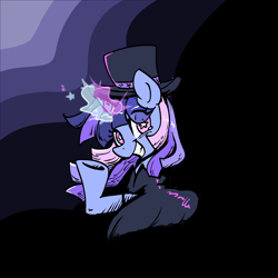 Size: 3000x3000 | Tagged: safe, artist:brella, imported from derpibooru, oc, oc only, oc:flawless sparklemoon, pony, unicorn, cloak, clothes, creepy, creepy grin, creepy smile, female, fusion, fusion:trixie, fusion:twilight sparkle, fusion:twixie, glowing, glowing horn, grin, hat, horn, looking at you, magic, magic aura, mare, multicolored background, my little pony the movie: the death of twilight sparkle, raised hoof, smiling, solo, starry eyes, top hat, unicorn oc, wingding eyes