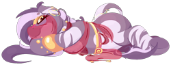 Size: 1512x572 | Tagged: safe, artist:rhythmpixel, imported from derpibooru, oc, oc only, oc:nura sahar, zebra, bangles, beil, belly, belly dancer outfit, ear piercing, earring, female, jewelry, looking at you, lying down, mare, on side, piercing, simple background, solo, tail, tail piercing, transparent background