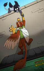 Size: 1240x2000 | Tagged: safe, artist:kjbat, imported from derpibooru, oc, oc:pavlos, oc:skraww, griffon, bandage, beak, broken bone, broken wing, cast, cheek fluff, claws, clothes, colored wings, commission, dumpster, eared griffon, friends, griffon oc, helping, injured, non-pony oc, nonbinary, sling, tail, wings