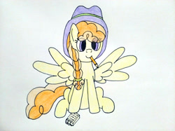 Size: 4032x3016 | Tagged: safe, artist:jakusi, record high, pegasus, pony, background pony, braid, cowboy hat, eye clipping through hair, female, hairband, hat, looking at you, mare, mouth hold, notepad, pencil, sitting, solo, spread wings, traditional art, wings