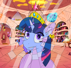 Size: 2037x1959 | Tagged: safe, artist:al solae, imported from derpibooru, twilight sparkle, oc, oc:flawless sparklemoon, unicorn, big crown thingy, element of magic, fusion, fusion:trixie, fusion:twilight sparkle, fusion:twixie, horn, jewelry, mirror, my little pony the movie: the death of twilight sparkle, regalia