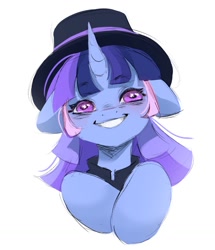 Size: 874x1014 | Tagged: safe, artist:melodylibris, imported from derpibooru, oc, oc:flawless sparklemoon, pony, unicorn, bust, female, floppy ears, fusion, fusion:trixie, fusion:twilight sparkle, fusion:twixie, grin, hat, horn, looking at you, mare, my little pony the movie: the death of twilight sparkle, simple background, smiling, smiling at you, solo, starry eyes, top hat, white background, wingding eyes