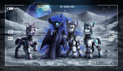 Size: 3423x1969 | Tagged: safe, alternate version, artist:helmie-art, imported from derpibooru, nightmare moon, oc, oc:astral azure, oc:morning frost, oc:orion zephyr, alicorn, earth pony, pegasus, unicorn, fanfic:somnambulance, camera shot, crater, earth, earth pony oc, ethereal mane, group photo, horn, looking at you, moon, pegasus oc, smiling, smiling at you, space helmet, spacesuit, stars, unicorn oc, wings