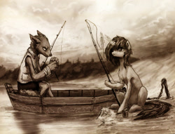 Size: 2361x1805 | Tagged: safe, artist:koviry, imported from derpibooru, oc, oc only, oc:sandy vain, diamond dog, boat, fishing, fishing rod, lake, water