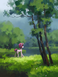 Size: 2188x2872 | Tagged: safe, artist:koviry, imported from derpibooru, oc, oc only, oc:melody (melodylibris), pony, unicorn, commission, concave belly, curly mane, detailed background, female, forest, forest background, grass, horn, mare, multicolored mane, multicolored tail, nature, scenery, short tail, slender, solo, tail, thin, tree, unicorn oc, walking, water