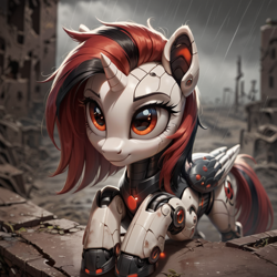 Size: 1024x1024 | Tagged: safe, imported from derpibooru, oc, oc only, oc:blackjack, alicorn, cyborg, robot, fallout equestria, fallout equestria: project horizons, ai content, ai generated, cybernetic legs, fanfic art, female, generator:pony diffusion v6 xl, generator:stable diffusion, mare, prompter:teonanakatle, roboticization, solo